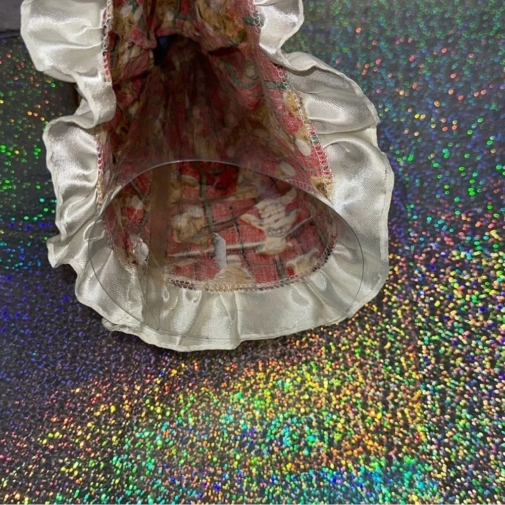 Christmas Tree Topper Porcelain Doll 12 in Blonde Hair Plaid Teddy Bear Dress